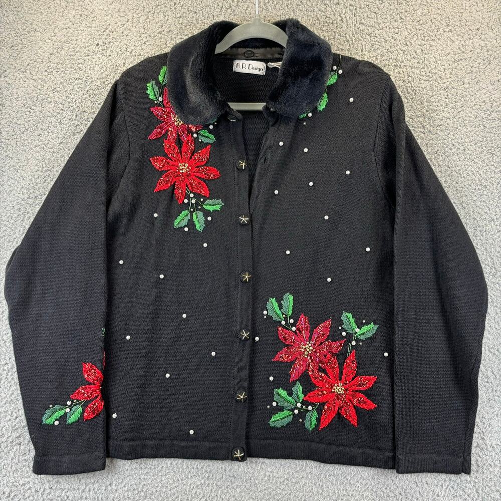 VTG 90s Womens Ugly Christmas Sweater Large Faux Fur Floral Beaded BP Design - Picture 1 of 13